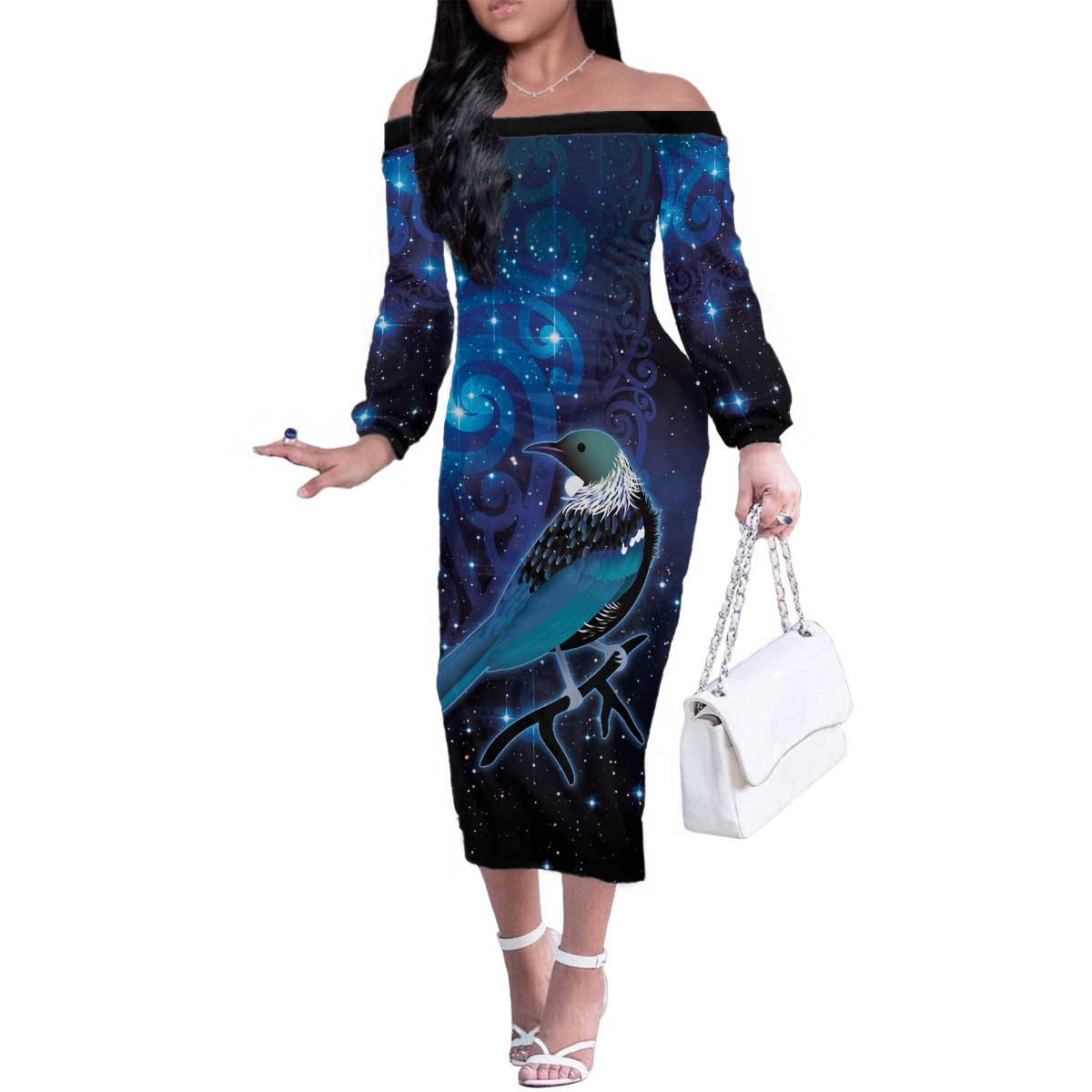 New Zealand Tui Bird Family Matching Off The Shoulder Long Sleeve Dress and Hawaiian Shirt The Pleiades Star Cluster and Koru Tribal Tattoo Galaxy Vibe LT03 Mom's Dress Blue - Polynesian Pride