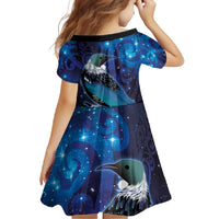 New Zealand Tui Bird Family Matching Off Shoulder Maxi Dress and Hawaiian Shirt The Pleiades Star Cluster and Koru Tribal Tattoo Galaxy Vibe LT03 - Polynesian Pride