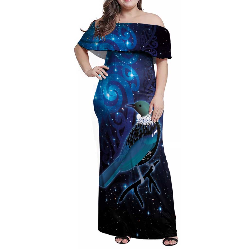 New Zealand Tui Bird Family Matching Off Shoulder Maxi Dress and Hawaiian Shirt The Pleiades Star Cluster and Koru Tribal Tattoo Galaxy Vibe LT03 Mom's Dress Blue - Polynesian Pride