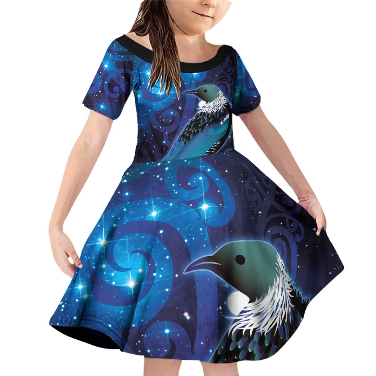 New Zealand Tui Bird Family Matching Off Shoulder Short Dress and Hawaiian Shirt The Pleiades Star Cluster and Koru Tribal Tattoo Galaxy Vibe LT03 Daughter's Dress Blue - Polynesian Pride