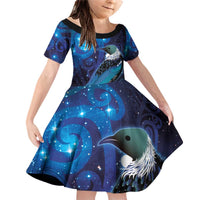 New Zealand Tui Bird Family Matching Off Shoulder Short Dress and Hawaiian Shirt The Pleiades Star Cluster and Koru Tribal Tattoo Galaxy Vibe LT03 Daughter's Dress Blue - Polynesian Pride