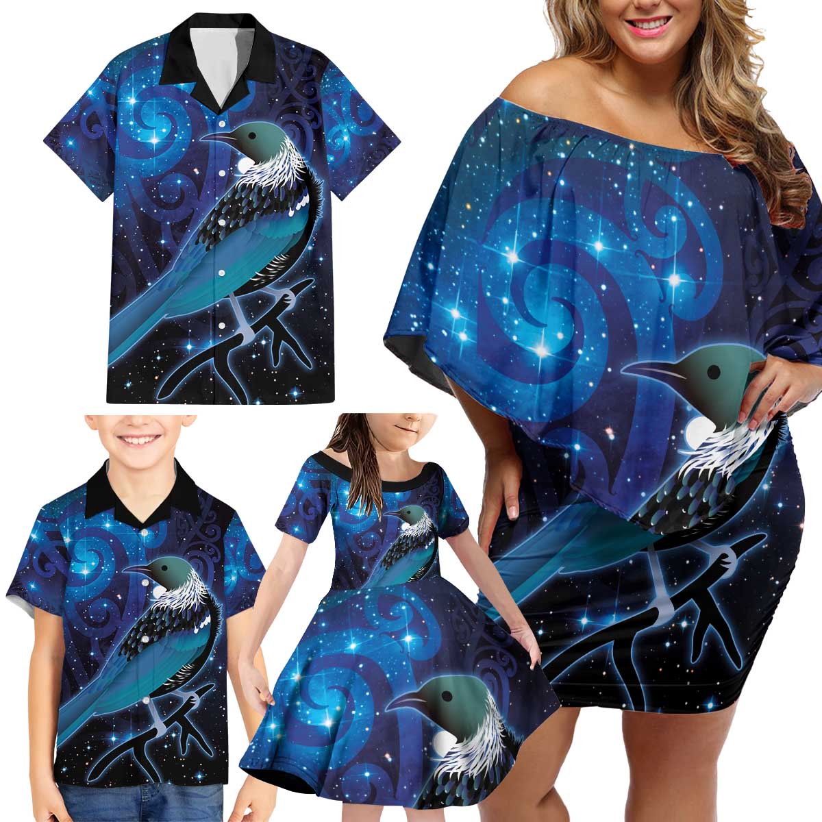 New Zealand Tui Bird Family Matching Off Shoulder Short Dress and Hawaiian Shirt The Pleiades Star Cluster and Koru Tribal Tattoo Galaxy Vibe LT03 - Polynesian Pride