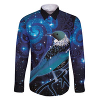 New Zealand Tui Bird Family Matching Off Shoulder Short Dress and Hawaiian Shirt The Pleiades Star Cluster and Koru Tribal Tattoo Galaxy Vibe LT03 Dad's Shirt - Long Sleeve Blue - Polynesian Pride