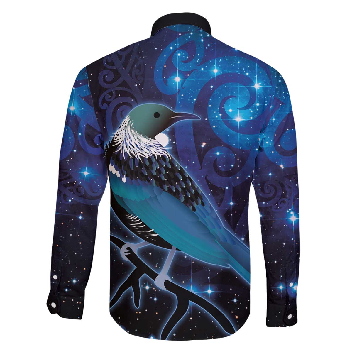 New Zealand Tui Bird Family Matching Off Shoulder Short Dress and Hawaiian Shirt The Pleiades Star Cluster and Koru Tribal Tattoo Galaxy Vibe LT03 - Polynesian Pride