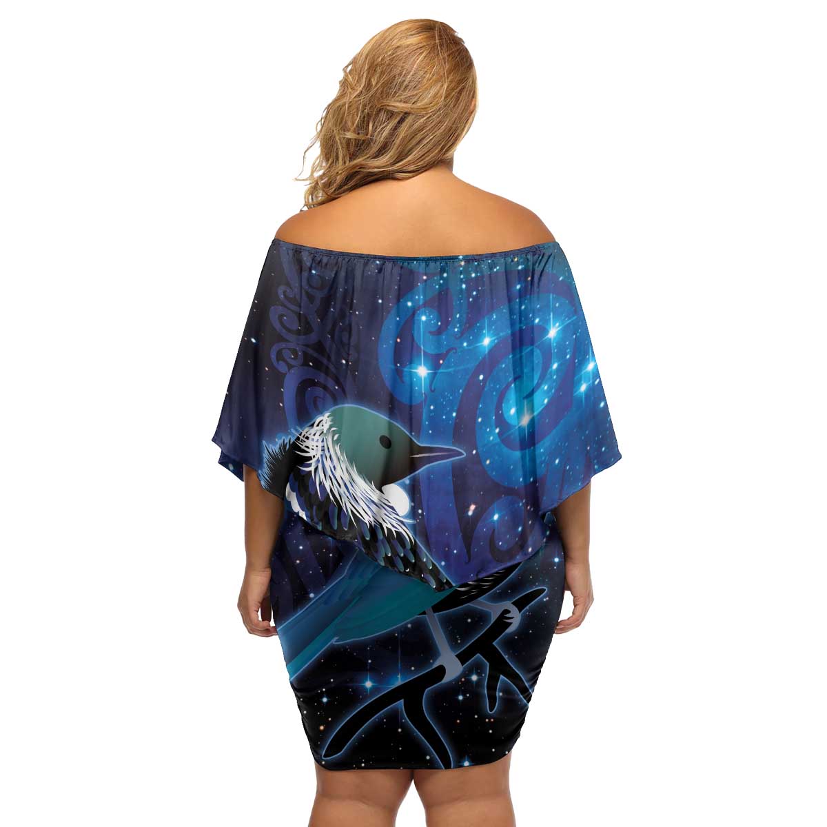 New Zealand Tui Bird Family Matching Off Shoulder Short Dress and Hawaiian Shirt The Pleiades Star Cluster and Koru Tribal Tattoo Galaxy Vibe LT03 - Polynesian Pride