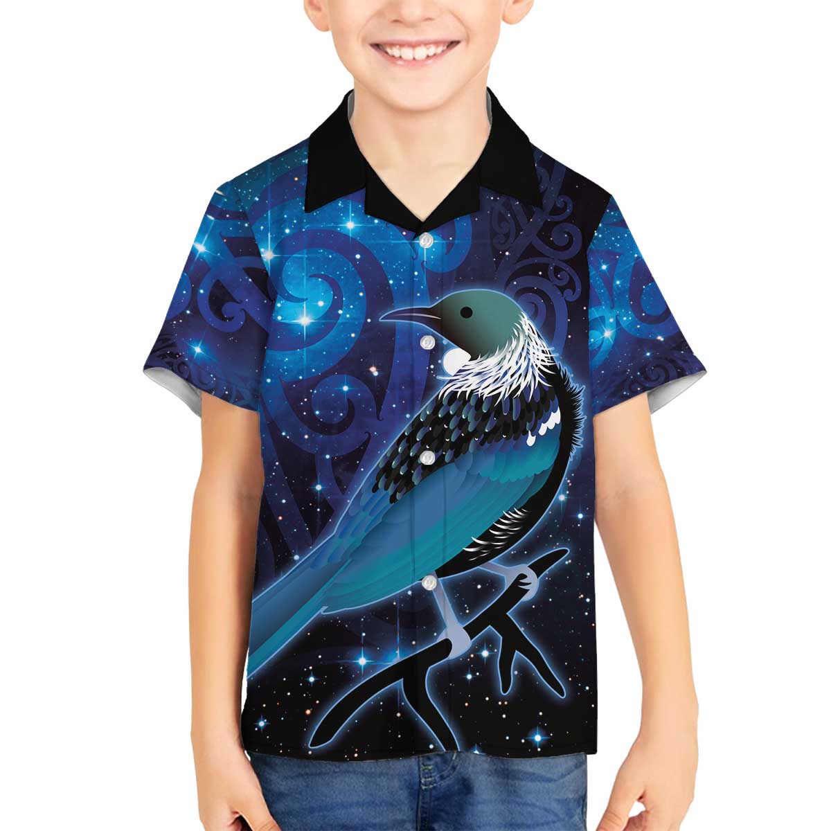 New Zealand Tui Bird Family Matching Off Shoulder Short Dress and Hawaiian Shirt The Pleiades Star Cluster and Koru Tribal Tattoo Galaxy Vibe LT03 Son's Shirt Blue - Polynesian Pride