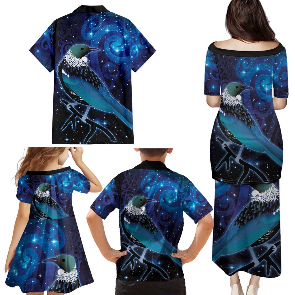 New Zealand Tui Bird Family Matching Puletasi and Hawaiian Shirt The Pleiades Star Cluster and Koru Tribal Tattoo Galaxy Vibe LT03 - Polynesian Pride