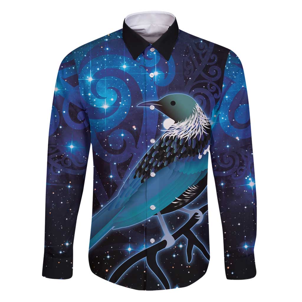 New Zealand Tui Bird Family Matching Puletasi and Hawaiian Shirt The Pleiades Star Cluster and Koru Tribal Tattoo Galaxy Vibe LT03 Dad's Shirt - Long Sleeve Blue - Polynesian Pride