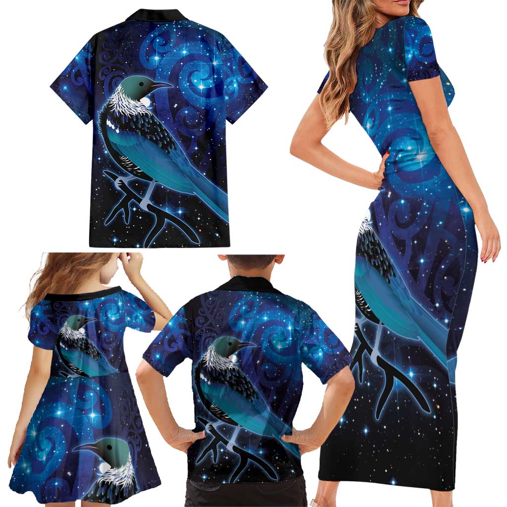 New Zealand Tui Bird Family Matching Short Sleeve Bodycon Dress and Hawaiian Shirt The Pleiades Star Cluster and Koru Tribal Tattoo Galaxy Vibe LT03 - Polynesian Pride