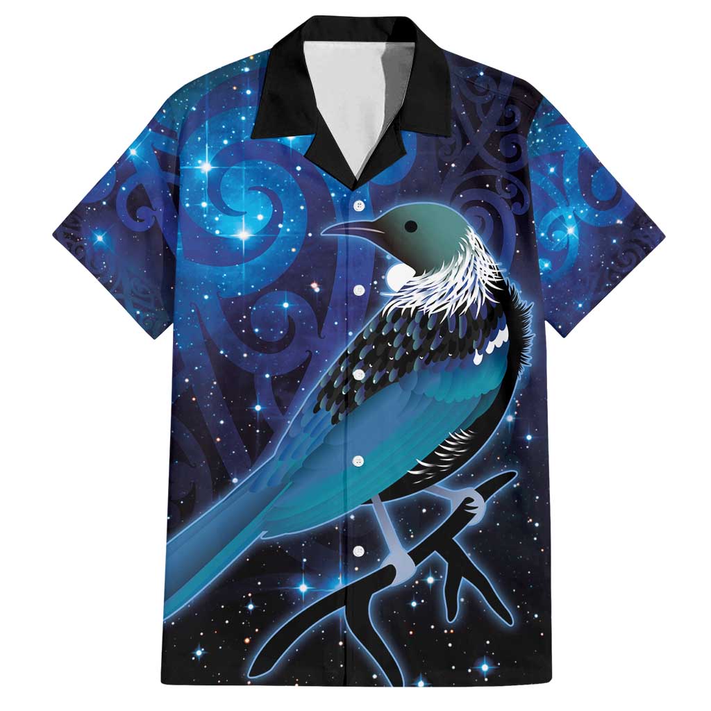 New Zealand Tui Bird Family Matching Tank Maxi Dress and Hawaiian Shirt The Pleiades Star Cluster and Koru Tribal Tattoo Galaxy Vibe LT03 Dad's Shirt - Short Sleeve Blue - Polynesian Pride