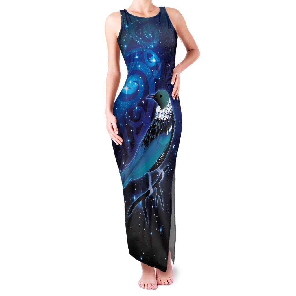 New Zealand Tui Bird Family Matching Tank Maxi Dress and Hawaiian Shirt The Pleiades Star Cluster and Koru Tribal Tattoo Galaxy Vibe LT03 Mom's Dress Blue - Polynesian Pride
