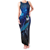 New Zealand Tui Bird Family Matching Tank Maxi Dress and Hawaiian Shirt The Pleiades Star Cluster and Koru Tribal Tattoo Galaxy Vibe LT03 Mom's Dress Blue - Polynesian Pride