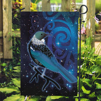 New Zealand Tui Bird Garden Flag The Pleiades Star Cluster and Koru Tribal Tattoo Galaxy Vibe LT03 Garden Flag Blue - Polynesian Pride