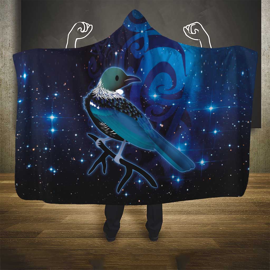 New Zealand Tui Bird Hooded Blanket The Pleiades Star Cluster and Koru Tribal Tattoo Galaxy Vibe LT03 - Polynesian Pride