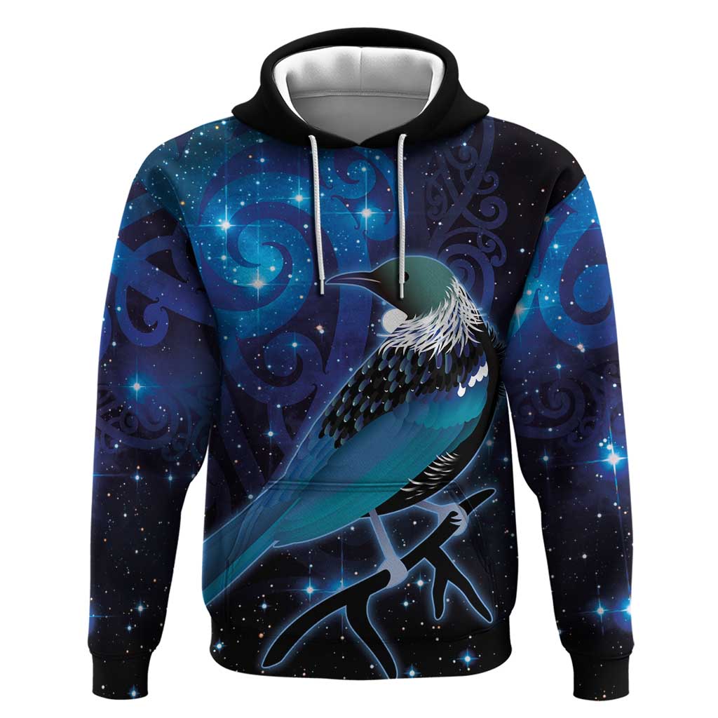 New Zealand Tui Bird Hoodie The Pleiades Star Cluster and Koru Tribal Tattoo Galaxy Vibe LT03 Pullover Hoodie Blue - Polynesian Pride