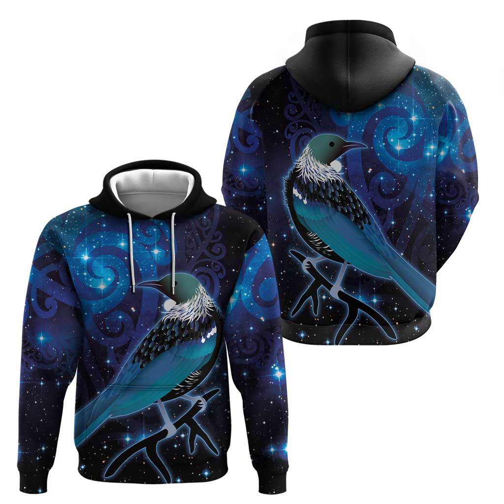 New Zealand Tui Bird Hoodie The Pleiades Star Cluster and Koru Tribal Tattoo Galaxy Vibe LT03 - Polynesian Pride