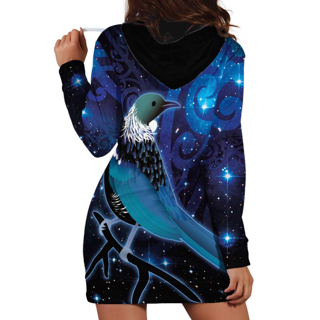 New Zealand Tui Bird Hoodie Dress The Pleiades Star Cluster and Koru Tribal Tattoo Galaxy Vibe LT03 - Polynesian Pride