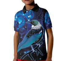 New Zealand Tui Bird Kid Polo Shirt The Pleiades Star Cluster and Koru Tribal Tattoo Galaxy Vibe LT03 Kid Blue - Polynesian Pride
