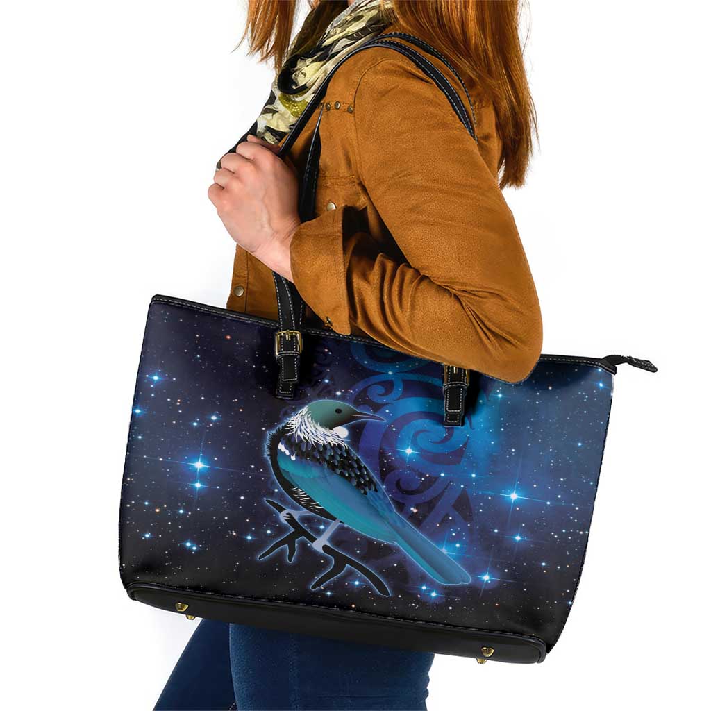 New Zealand Tui Bird Leather Tote Bag The Pleiades Star Cluster and Koru Tribal Tattoo Galaxy Vibe LT03 Blue - Polynesian Pride