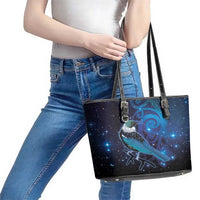 New Zealand Tui Bird Leather Tote Bag The Pleiades Star Cluster and Koru Tribal Tattoo Galaxy Vibe LT03 - Polynesian Pride