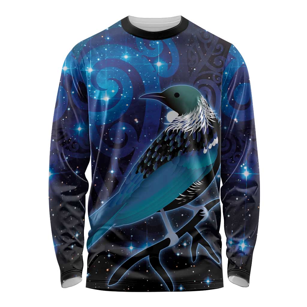 New Zealand Tui Bird Long Sleeve Shirt The Pleiades Star Cluster and Koru Tribal Tattoo Galaxy Vibe LT03 Unisex Blue - Polynesian Pride