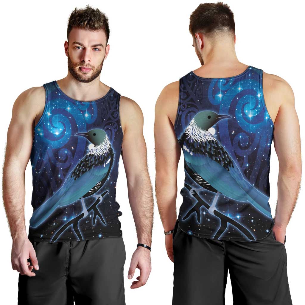 New Zealand Tui Bird Men Tank Top The Pleiades Star Cluster and Koru Tribal Tattoo Galaxy Vibe LT03 - Polynesian Pride