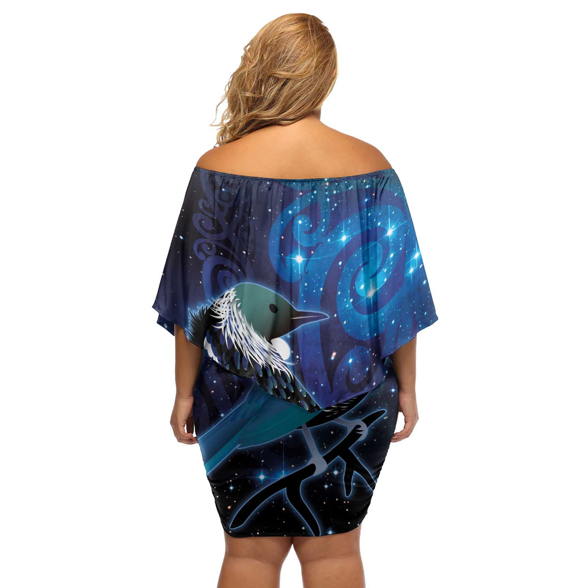 New Zealand Tui Bird Off Shoulder Short Dress The Pleiades Star Cluster and Koru Tribal Tattoo Galaxy Vibe LT03 - Polynesian Pride