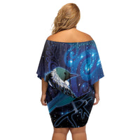 New Zealand Tui Bird Off Shoulder Short Dress The Pleiades Star Cluster and Koru Tribal Tattoo Galaxy Vibe LT03 - Polynesian Pride