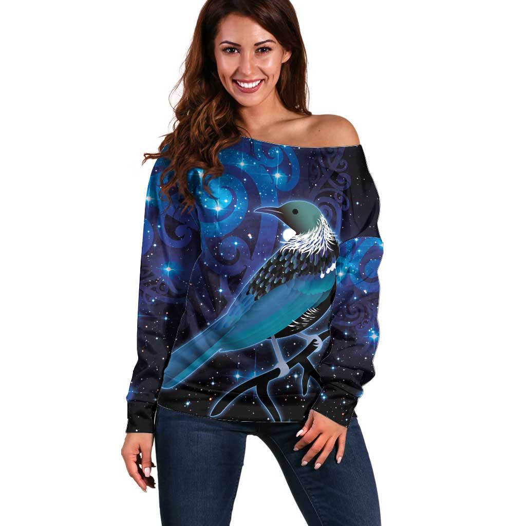 New Zealand Tui Bird Off Shoulder Sweater The Pleiades Star Cluster and Koru Tribal Tattoo Galaxy Vibe LT03 Women Blue - Polynesian Pride
