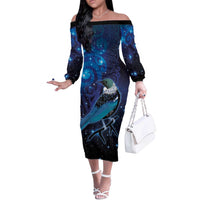 New Zealand Tui Bird Off The Shoulder Long Sleeve Dress The Pleiades Star Cluster and Koru Tribal Tattoo Galaxy Vibe LT03 Women Blue - Polynesian Pride