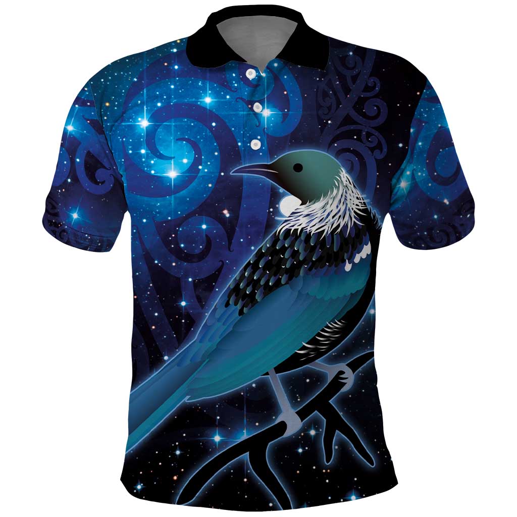 New Zealand Tui Bird Polo Shirt The Pleiades Star Cluster and Koru Tribal Tattoo Galaxy Vibe LT03 Blue - Polynesian Pride