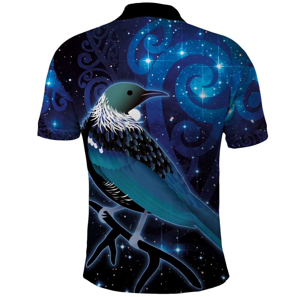New Zealand Tui Bird Polo Shirt The Pleiades Star Cluster and Koru Tribal Tattoo Galaxy Vibe LT03 - Polynesian Pride