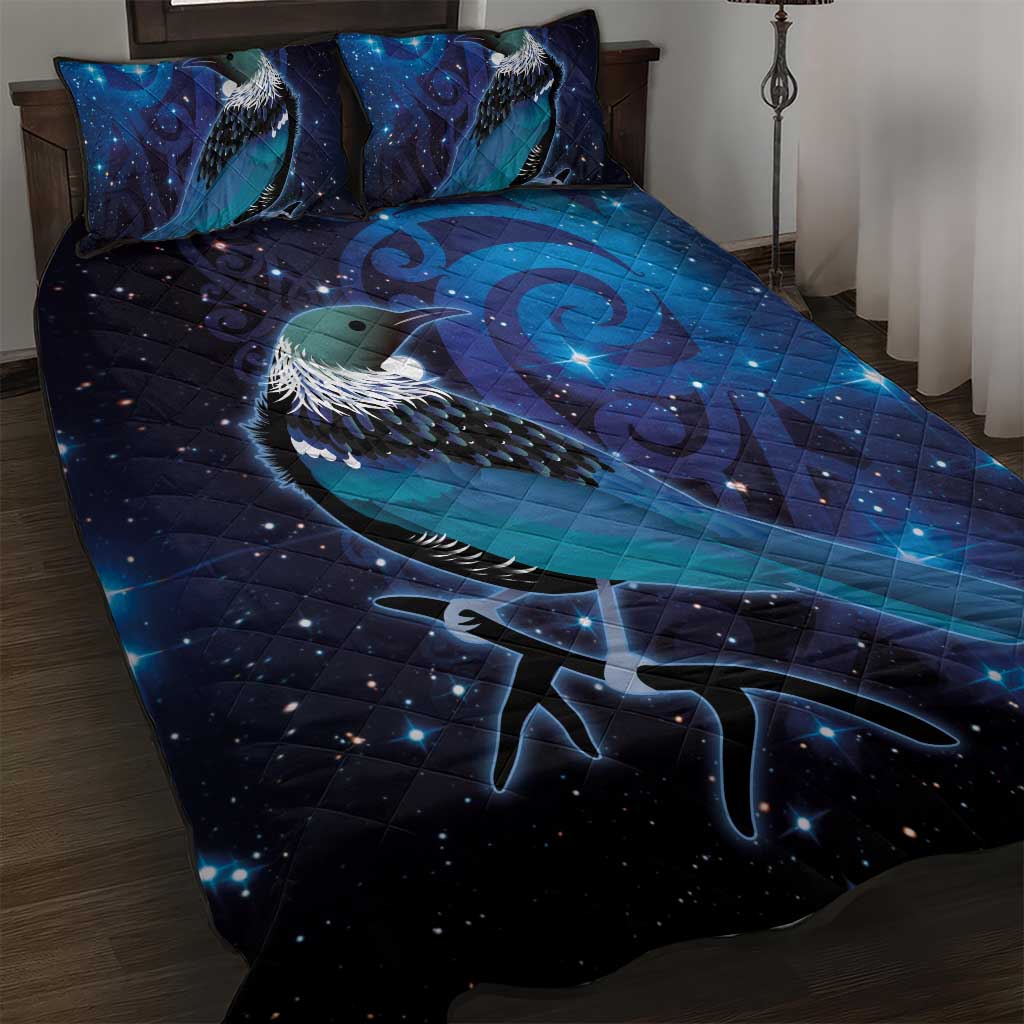 New Zealand Tui Bird Quilt Bed Set The Pleiades Star Cluster and Koru Tribal Tattoo Galaxy Vibe LT03 Blue - Polynesian Pride