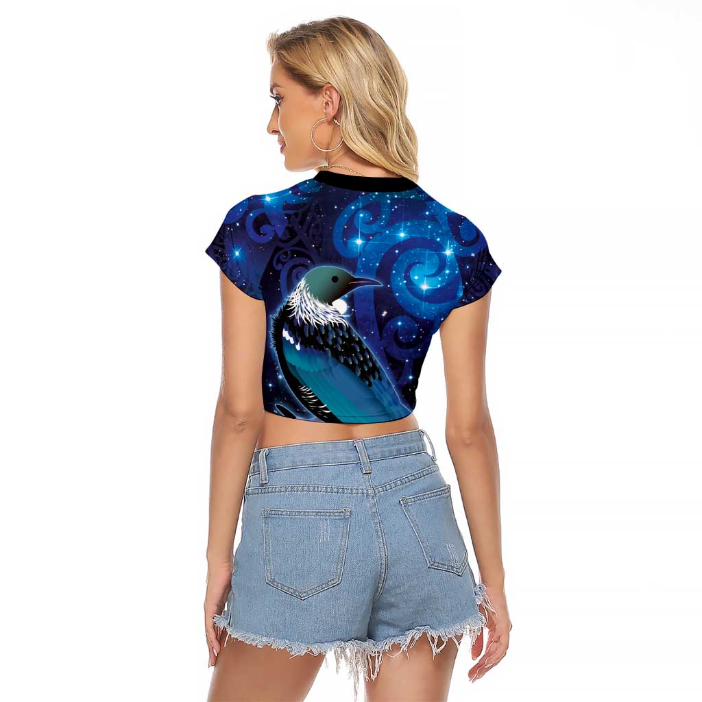 New Zealand Tui Bird Raglan Cropped T Shirt The Pleiades Star Cluster and Koru Tribal Tattoo Galaxy Vibe LT03 - Polynesian Pride