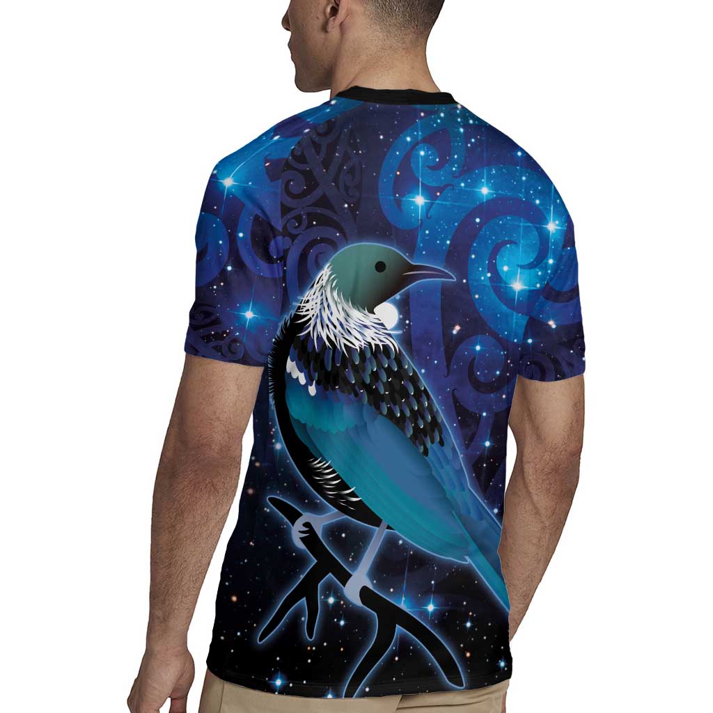 New Zealand Tui Bird Rugby Jersey The Pleiades Star Cluster and Koru Tribal Tattoo Galaxy Vibe LT03 - Polynesian Pride
