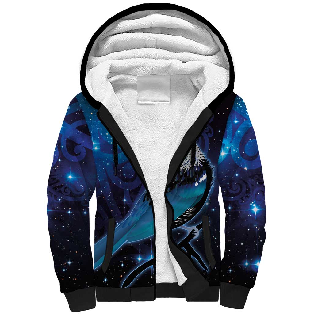New Zealand Tui Bird Sherpa Hoodie The Pleiades Star Cluster and Koru Tribal Tattoo Galaxy Vibe LT03 Unisex Blue - Polynesian Pride