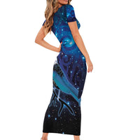 New Zealand Tui Bird Short Sleeve Bodycon Dress The Pleiades Star Cluster and Koru Tribal Tattoo Galaxy Vibe LT03 - Polynesian Pride