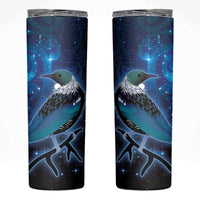 New Zealand Tui Bird Skinny Tumbler The Pleiades Star Cluster and Koru Tribal Tattoo Galaxy Vibe LT03 Blue - Polynesian Pride