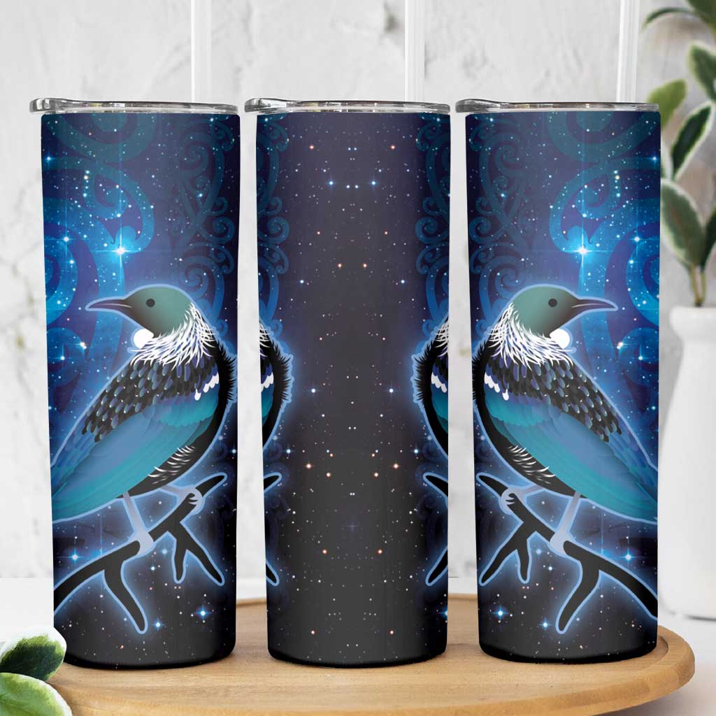 New Zealand Tui Bird Skinny Tumbler The Pleiades Star Cluster and Koru Tribal Tattoo Galaxy Vibe LT03 - Polynesian Pride