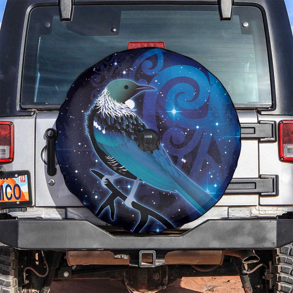 New Zealand Tui Bird Spare Tire Cover The Pleiades Star Cluster and Koru Tribal Tattoo Galaxy Vibe LT03 Blue - Polynesian Pride