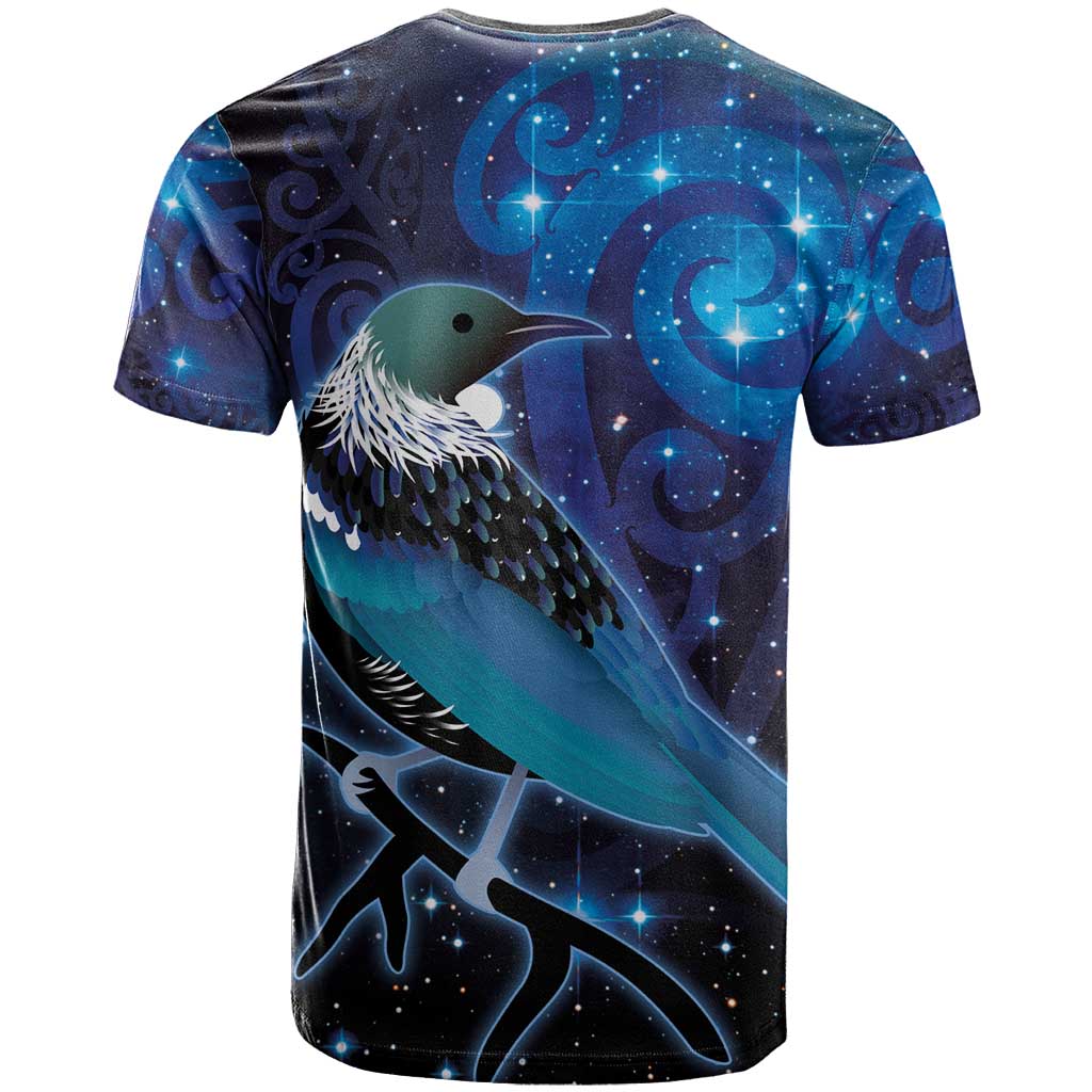 New Zealand Tui Bird T Shirt The Pleiades Star Cluster and Koru Tribal Tattoo Galaxy Vibe LT03 - Polynesian Pride