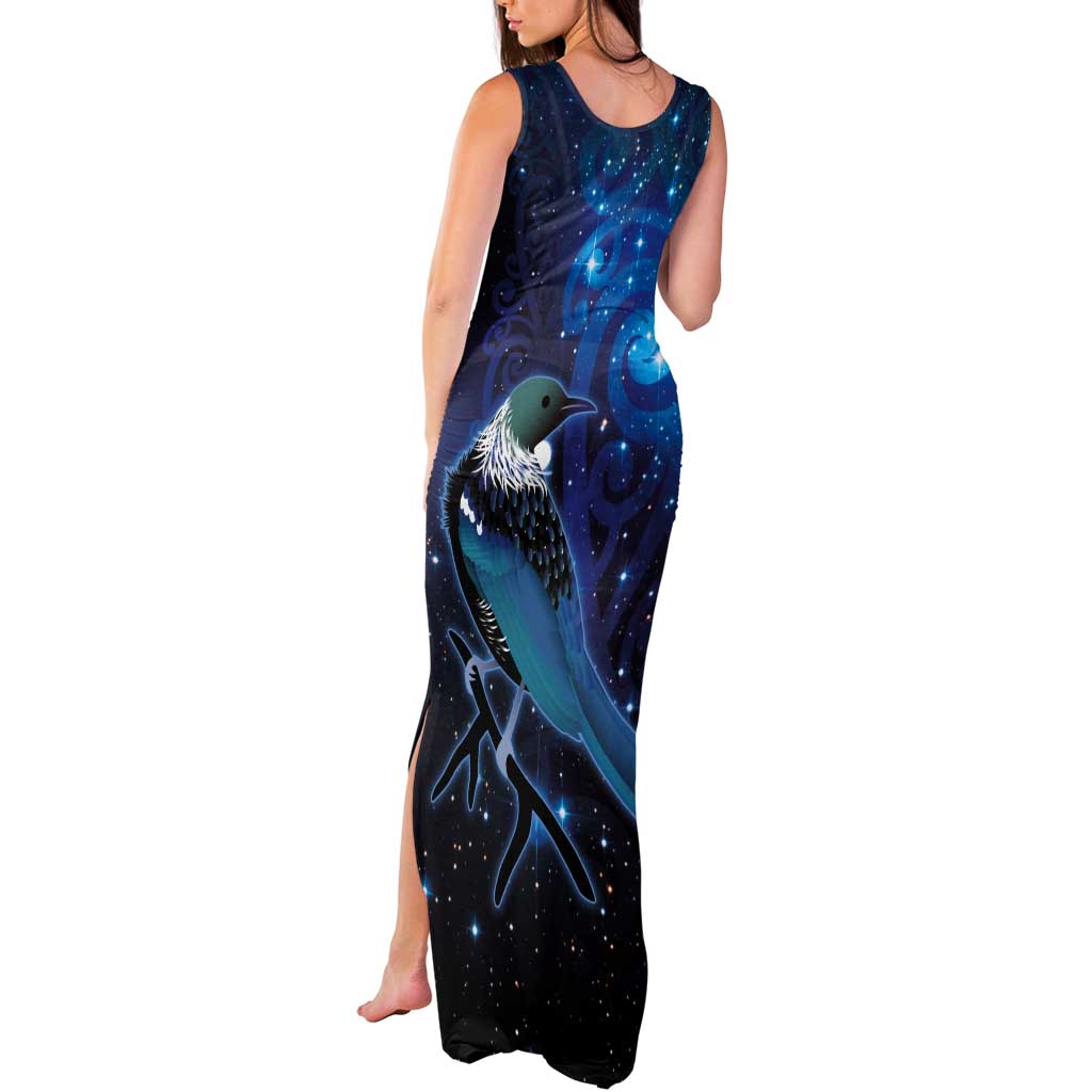 New Zealand Tui Bird Tank Maxi Dress The Pleiades Star Cluster and Koru Tribal Tattoo Galaxy Vibe LT03 - Polynesian Pride
