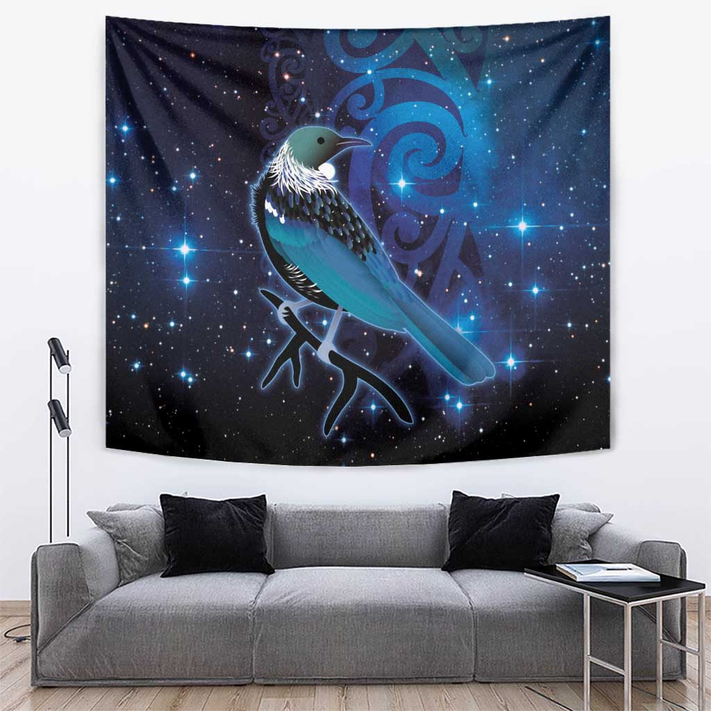 New Zealand Tui Bird Tapestry The Pleiades Star Cluster and Koru Tribal Tattoo Galaxy Vibe LT03 Blue - Polynesian Pride