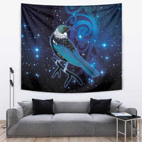 New Zealand Tui Bird Tapestry The Pleiades Star Cluster and Koru Tribal Tattoo Galaxy Vibe LT03 Blue - Polynesian Pride