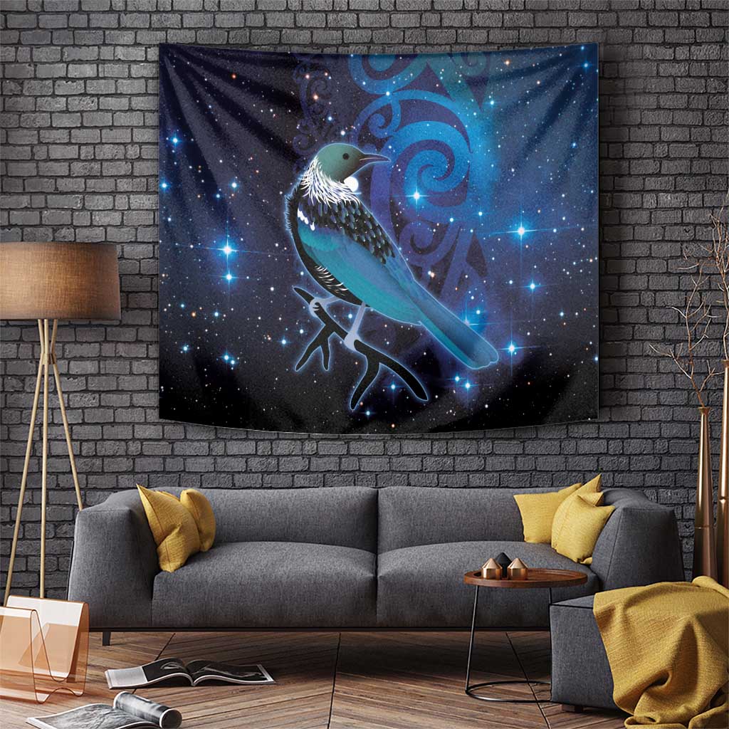 New Zealand Tui Bird Tapestry The Pleiades Star Cluster and Koru Tribal Tattoo Galaxy Vibe LT03 - Polynesian Pride