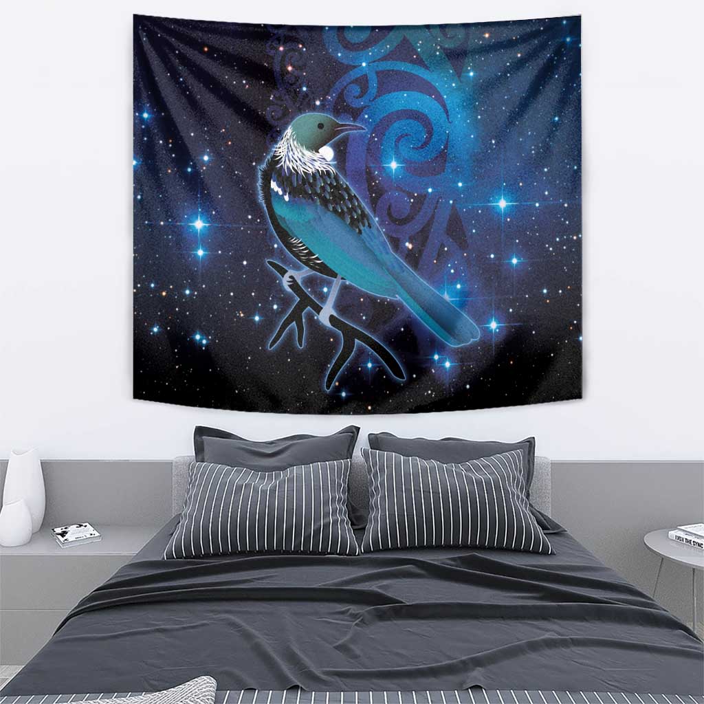 New Zealand Tui Bird Tapestry The Pleiades Star Cluster and Koru Tribal Tattoo Galaxy Vibe LT03 - Polynesian Pride