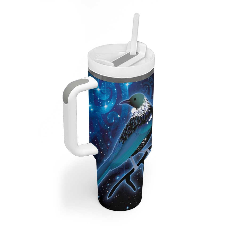 New Zealand Tui Bird Tumbler With Handle The Pleiades Star Cluster and Koru Tribal Tattoo Galaxy Vibe LT03 - Polynesian Pride