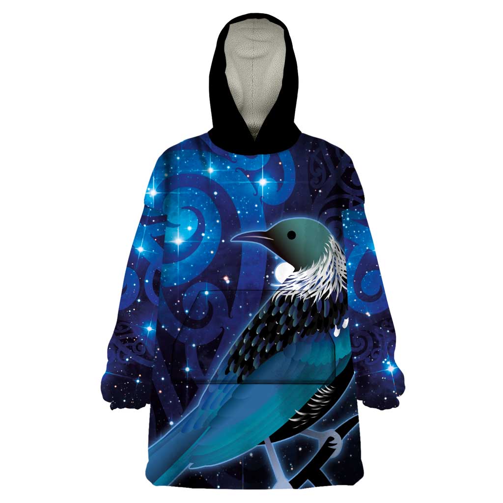 New Zealand Tui Bird Wearable Blanket Hoodie The Pleiades Star Cluster and Koru Tribal Tattoo Galaxy Vibe LT03 One Size Blue - Polynesian Pride