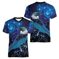 New Zealand Tui Bird Women V-Neck T-Shirt The Pleiades Star Cluster and Koru Tribal Tattoo Galaxy Vibe LT03 - Polynesian Pride