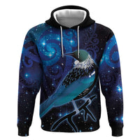 New Zealand Tui Bird Zip Hoodie The Pleiades Star Cluster and Koru Tribal Tattoo Galaxy Vibe LT03 Pullover Hoodie Blue - Polynesian Pride